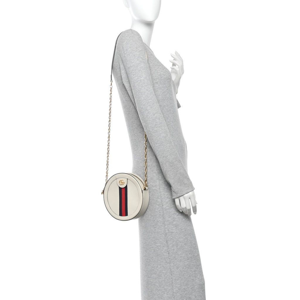 Textured Calfskin Web Mini Ophidia Round Shoulder Bag Mystic White