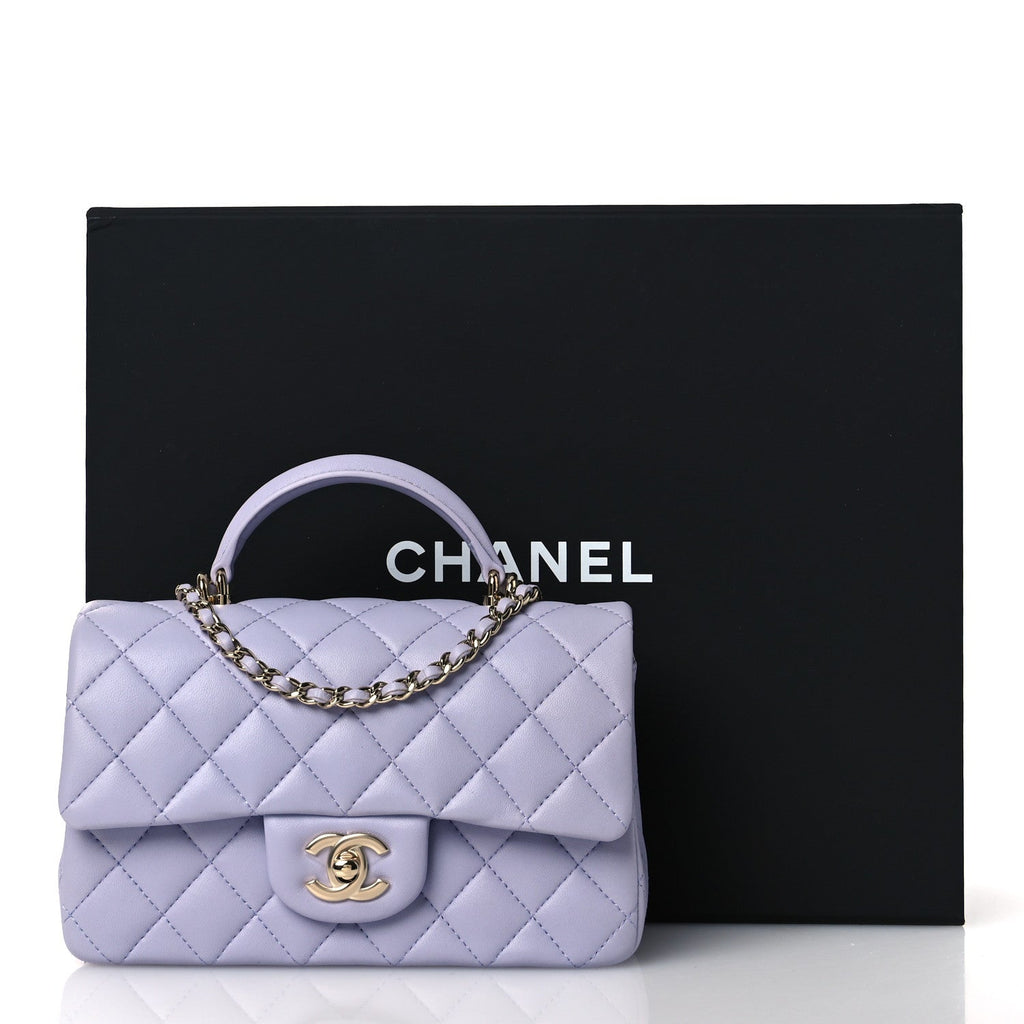 Lambskin Quilted Mini Top Handle Rectangular Flap Light Purple
