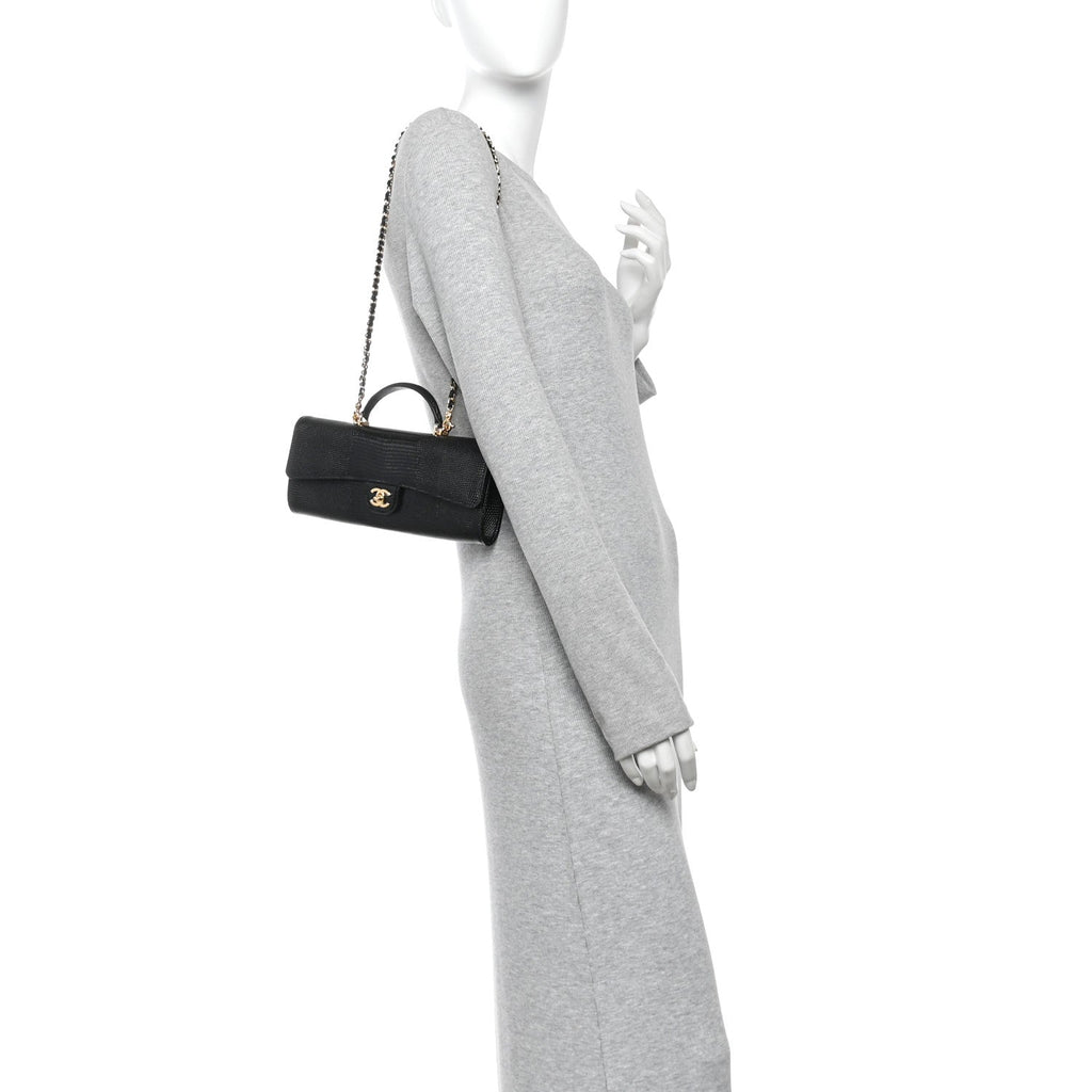 Calfskin Lizard Embossed Top Handle Clutch With Chain Black