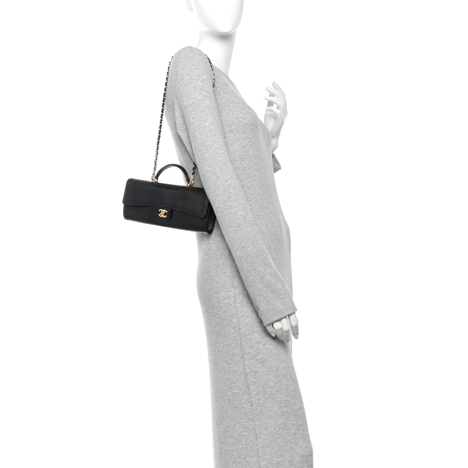 Calfskin Lizard Embossed Top Handle Clutch With Chain Black
