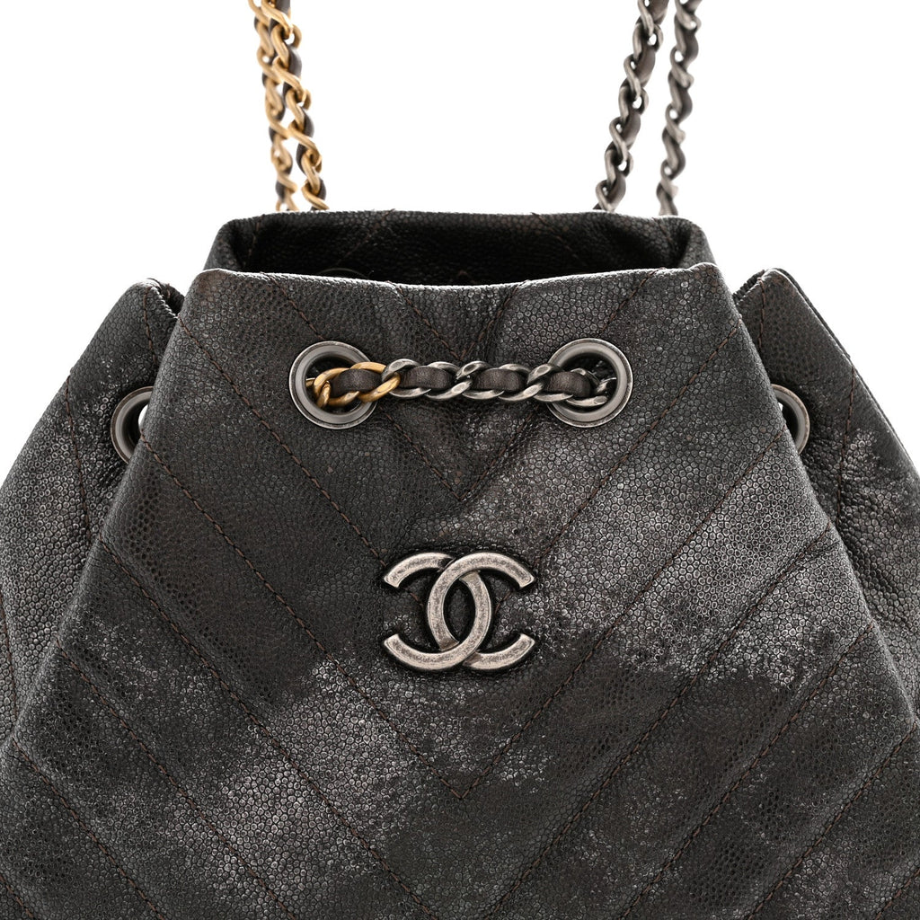 Metallic Grained Goatskin Chevron Quilted Gabrielle Backpack Dark Silver Gold