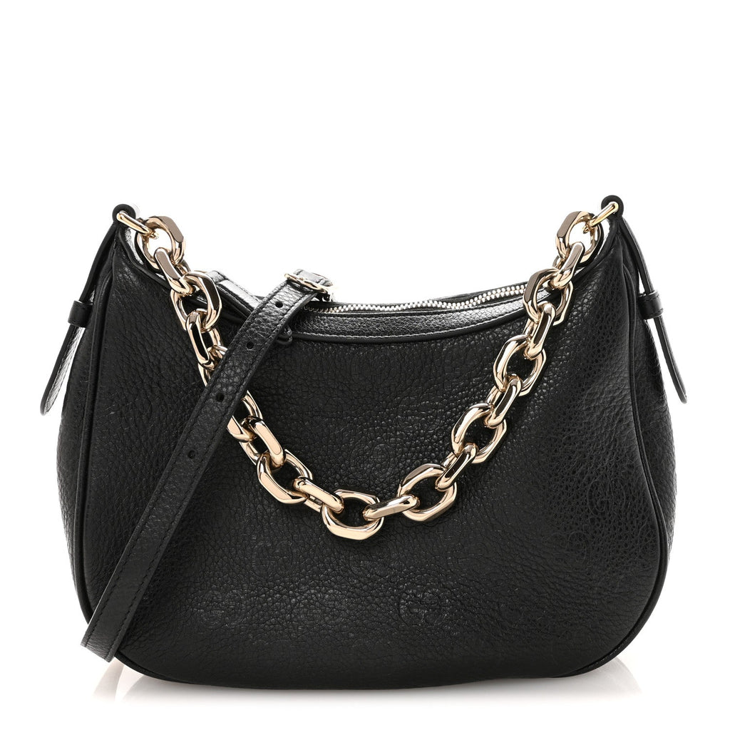 GG Grainy Calfskin Emblem Small Half Moon Shoulder Bag Black