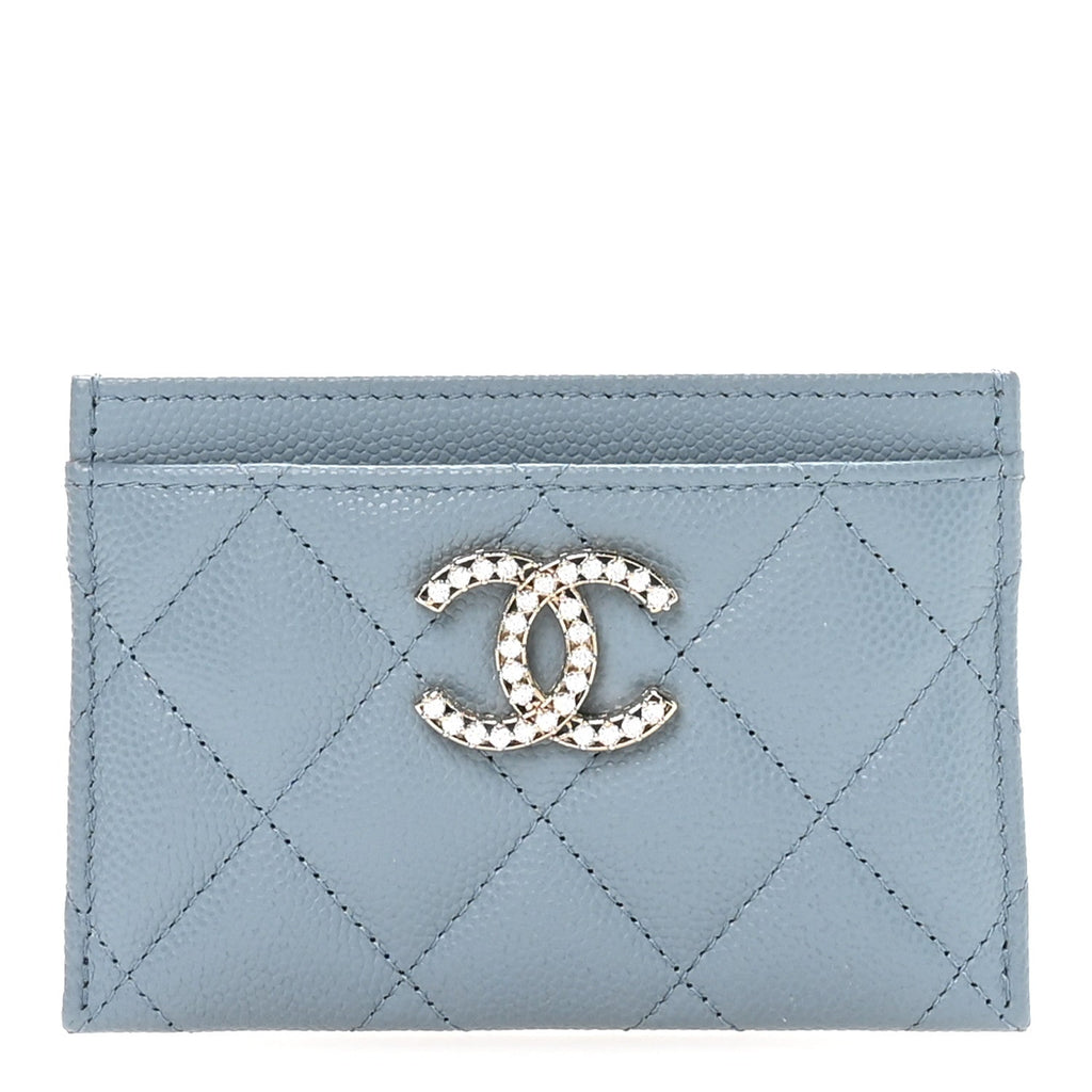 Caviar Quilted Crystal Card Holder Light Blue