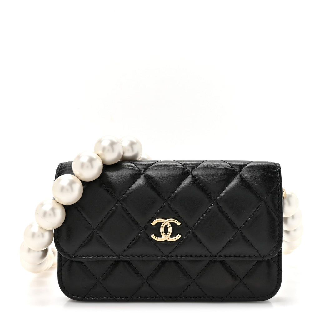 Calfskin Quilted Maxi Pearls Clutch With Chain Black
