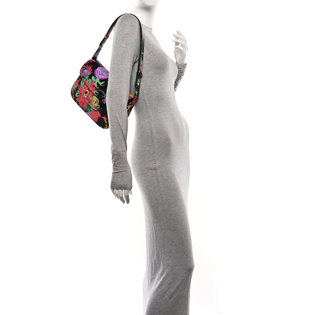 X KEN SCOTT New Shangai Calfskin Jenny Floral Print Horsebit 1955 Shoulder Bag Black Pink