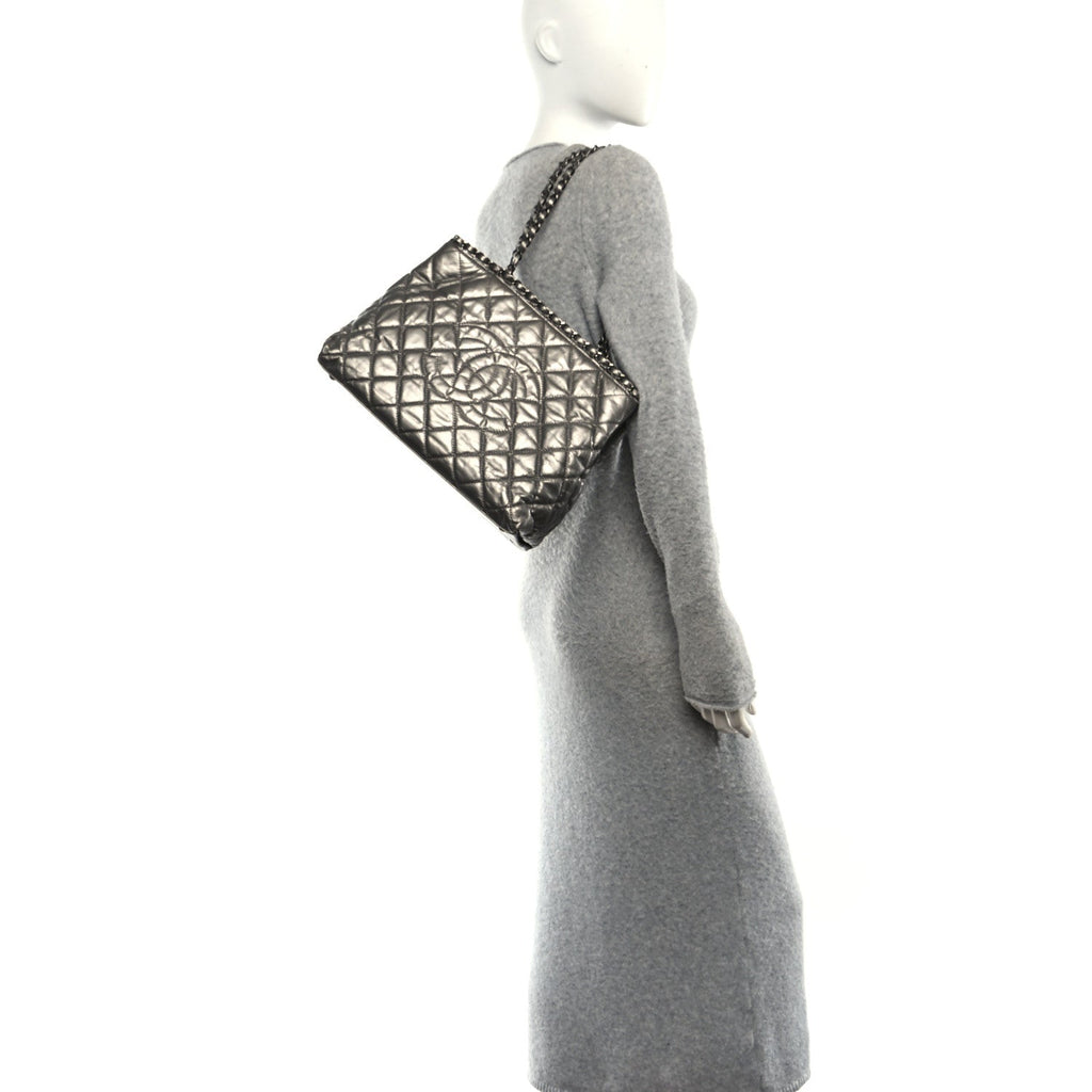 Metallic Calfskin Small Chain Me Tote Silver