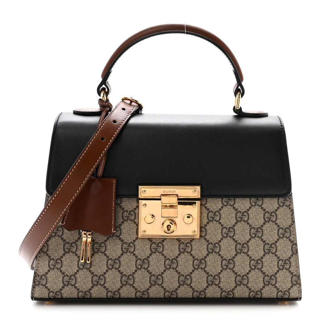 GG Supreme Monogram Calfskin Small Padlock Top Handle Bag Beige Black Cuir