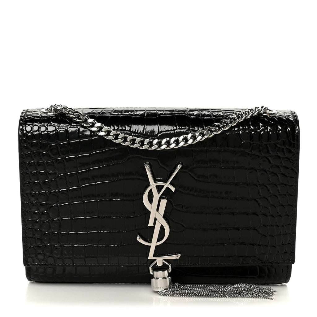Calfskin Crocodile Embossed Small Classic Monogram Kate Tassel Satchel Black