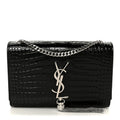 Calfskin Crocodile Embossed Small Classic Monogram Kate Tassel Satchel Black