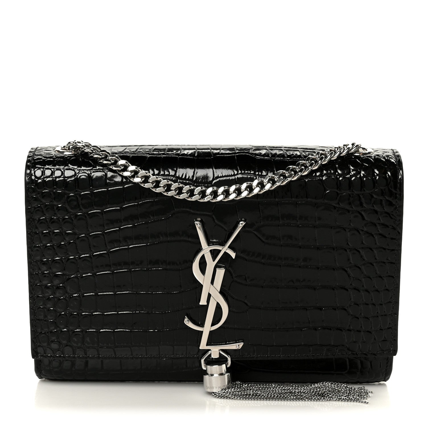 Calfskin Crocodile Embossed Small Classic Monogram Kate Tassel Satchel Black