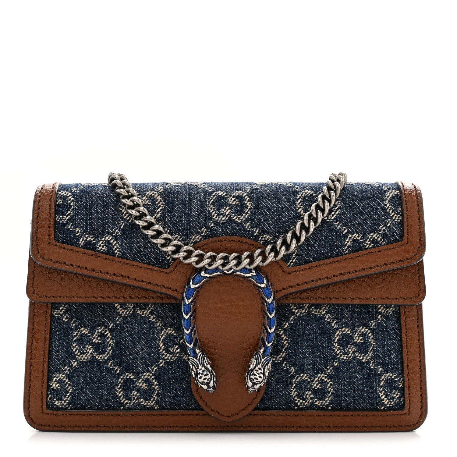 New Denim GG Monogram Dollar Calfskin Enamel Super Mini Dionysus Shoulder Bag Blue Tea Cuir Epilog Electric Blue
