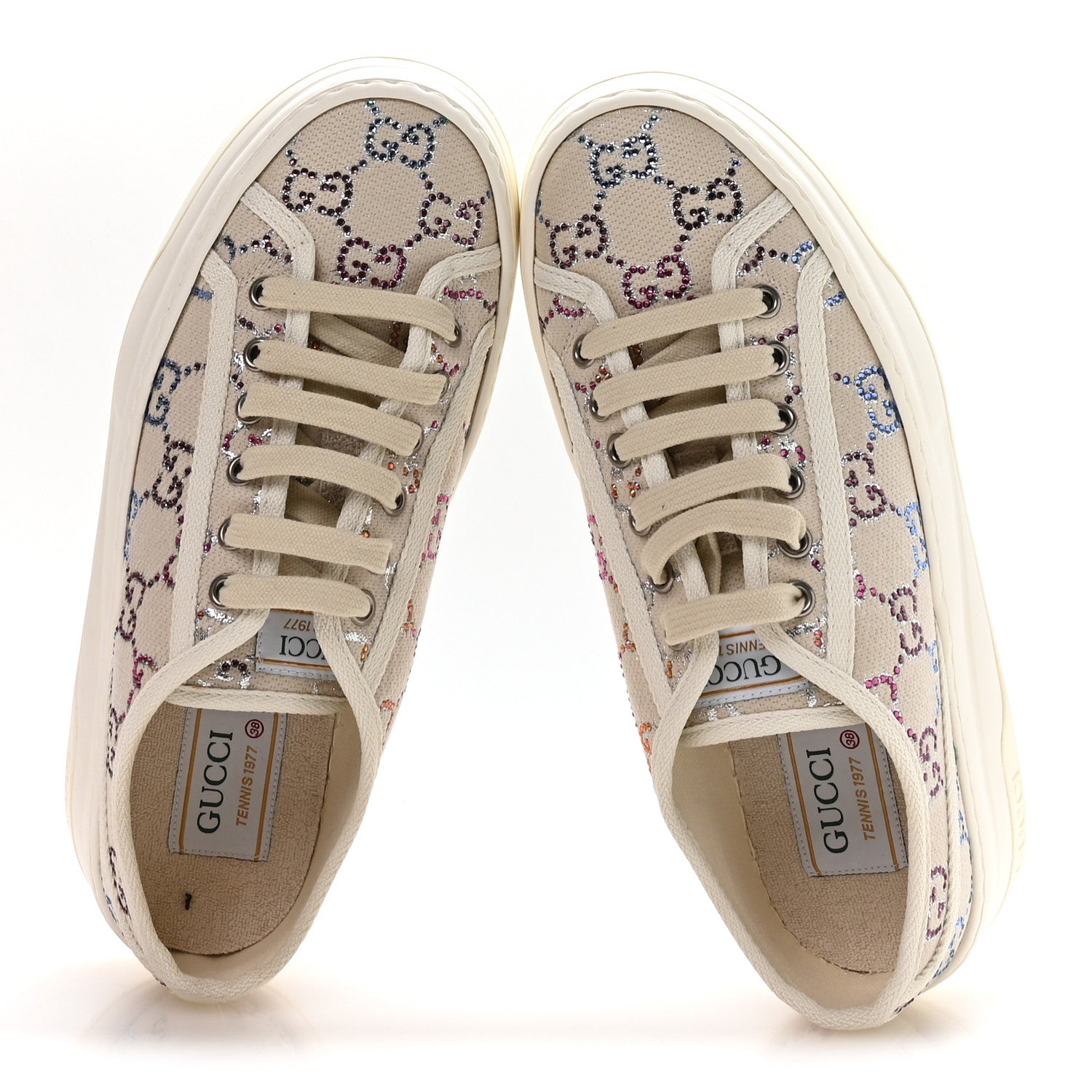 Canvas Lame Crystal GG Monogram Womens 1977 Tennis Platform 52mm Sneakers 38 Gardenia Silver Mystic White