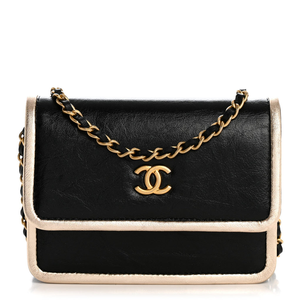 Metallic Calfskin Clutch With Chain Black Gold