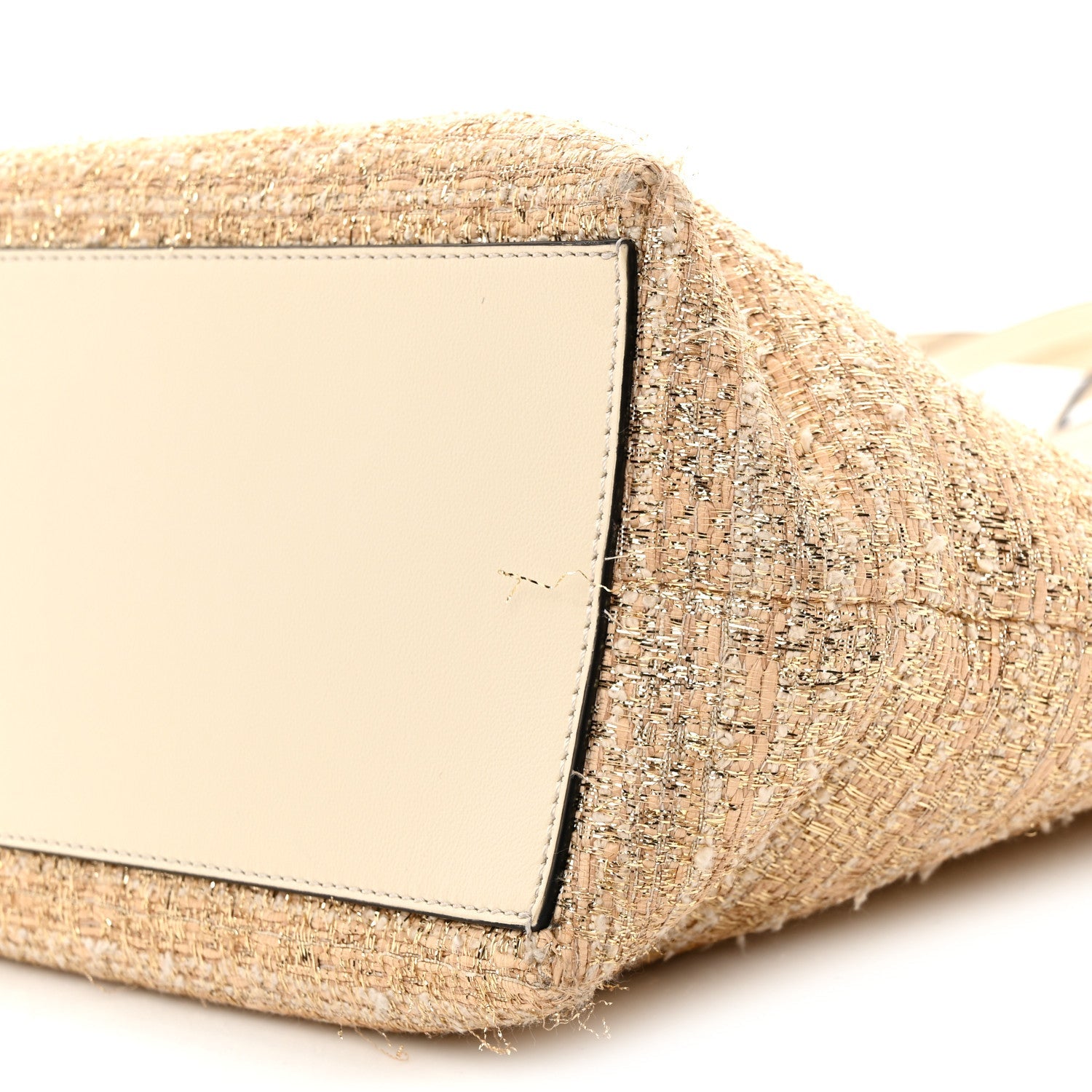 Metallic Boucle Raffia Calfskin Rockstud Shoulder Tote White Gold Ivory