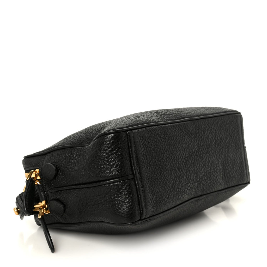 Vitello Daino Medium Double Zip Shoulder Bag Black