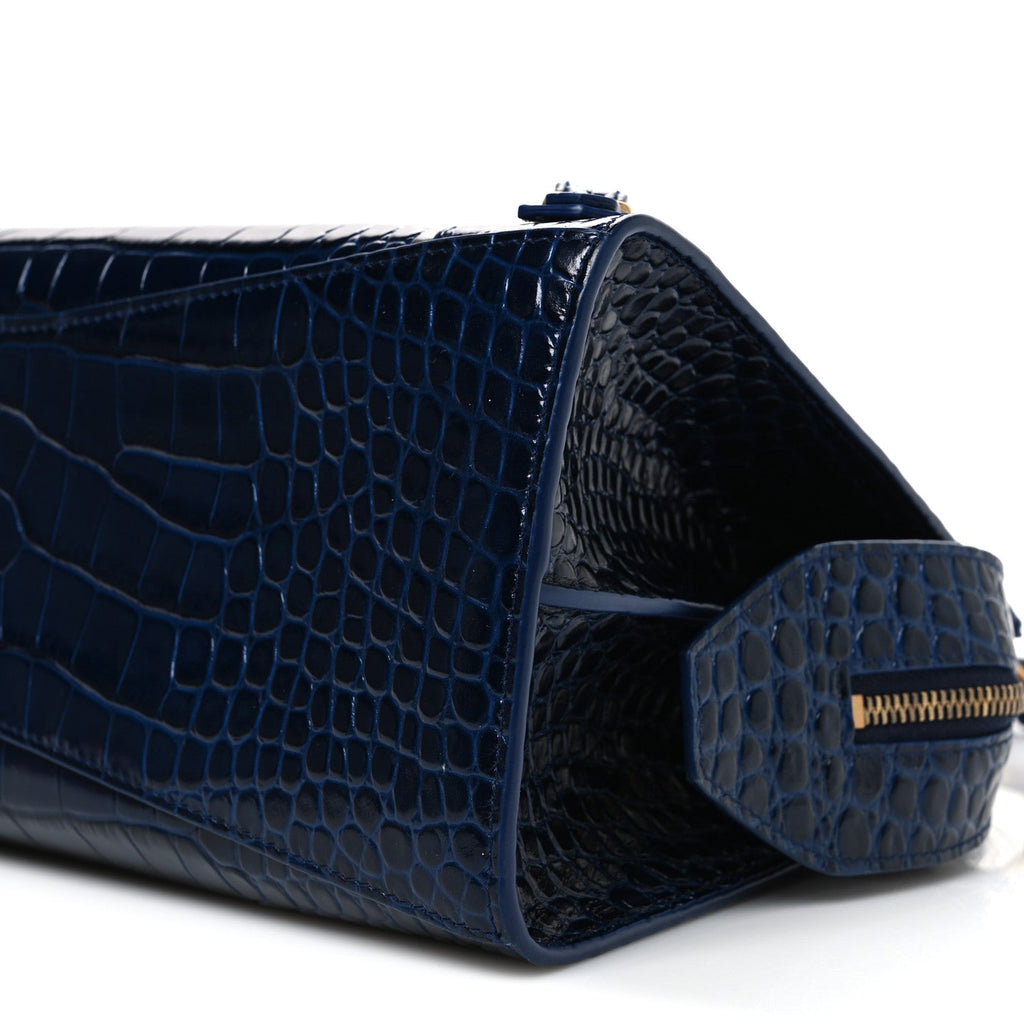Shiny Supple Calfskin Crocodile Embossed Neo Classic Gold Hardware S City Navy