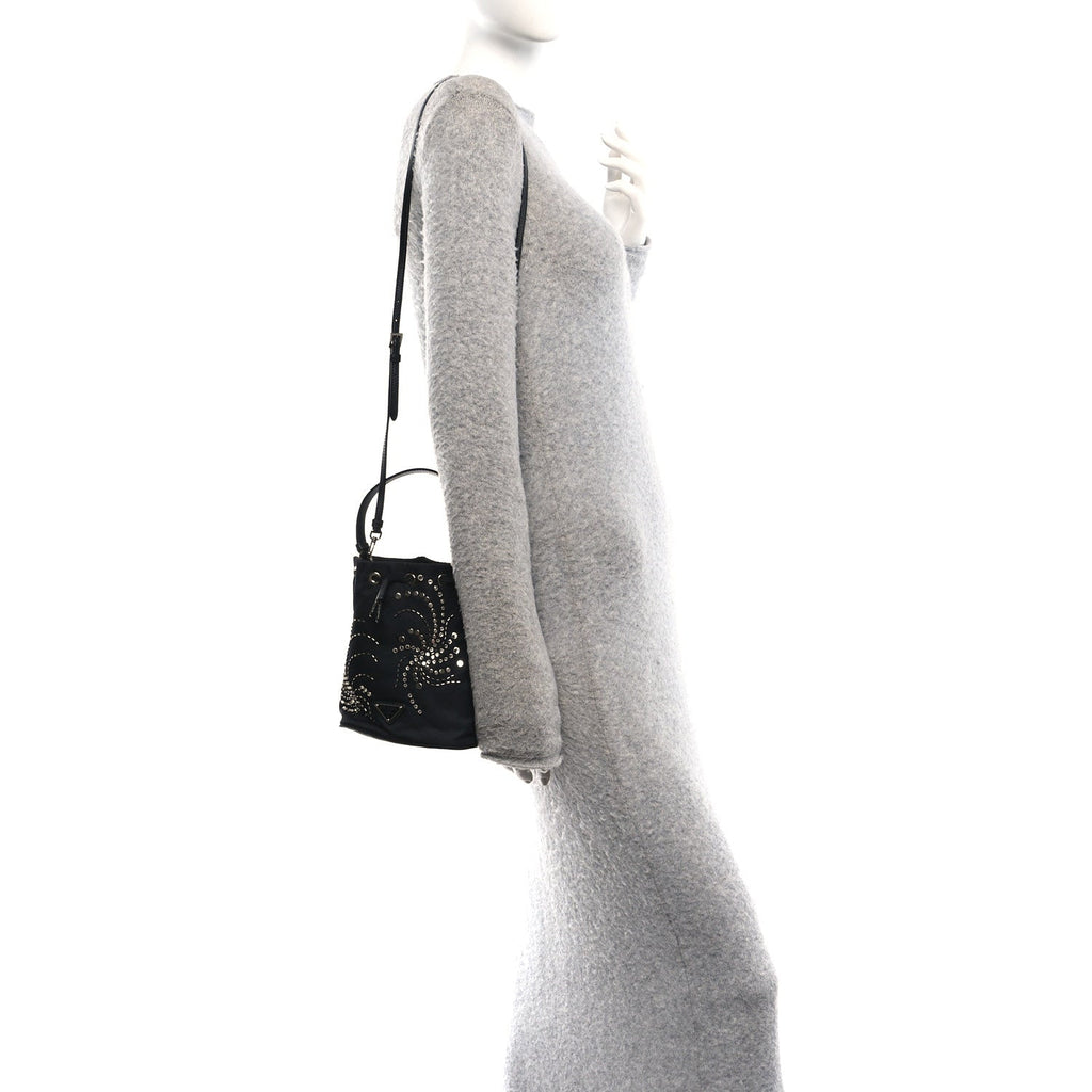 Tessuto Saffiano Ricamo Sequin Crystal Embellished Mini Re-Edition 1978 Bucket Bag Black