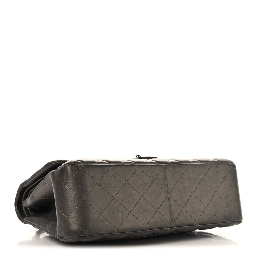 Metallic Lambskin Quilted Jumbo Double Flap Pewter