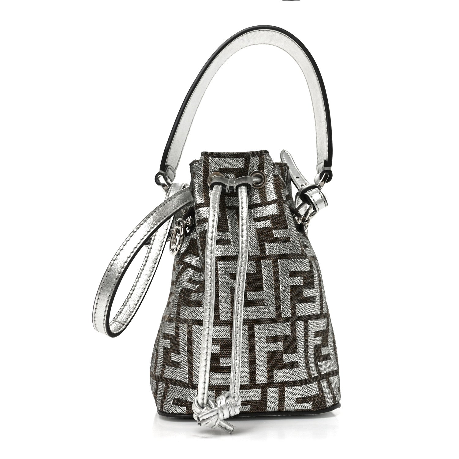 Vitello Catalan Mirror Canvas Fabric Jacquard FF 1974 Mini Mon Tresor Bucket Bag Ebano Argento