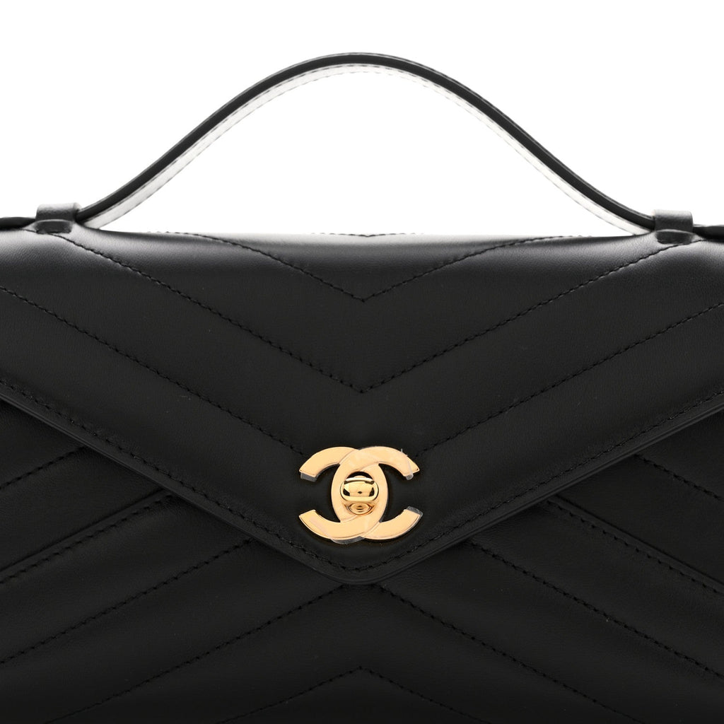 Lambskin Chevron Quilted Top Handle Envelope Clutch Black