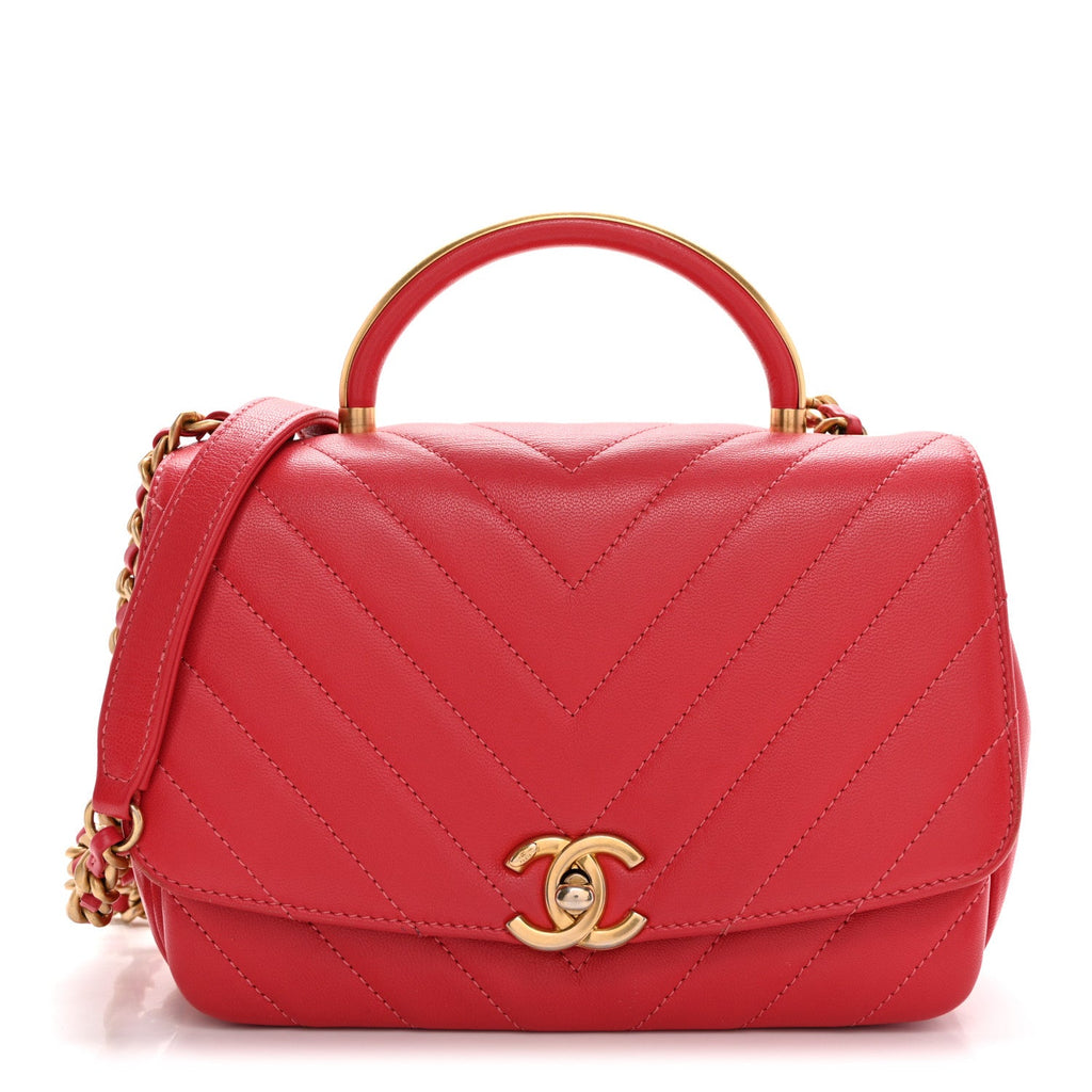 Lambskin Chevron Quilted Gold Top Handle Flap Bag Red