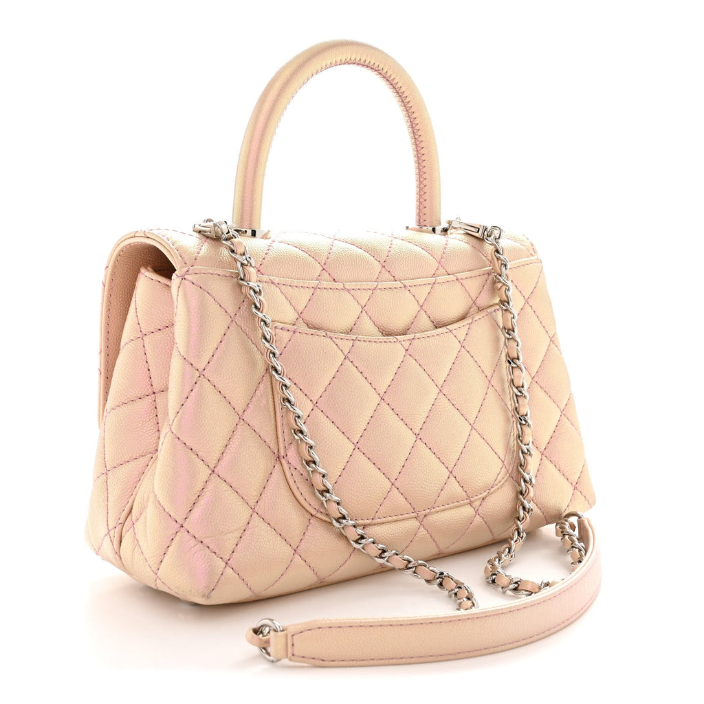 Iridescent Caviar Quilted Mini Coco Handle Flap Pink