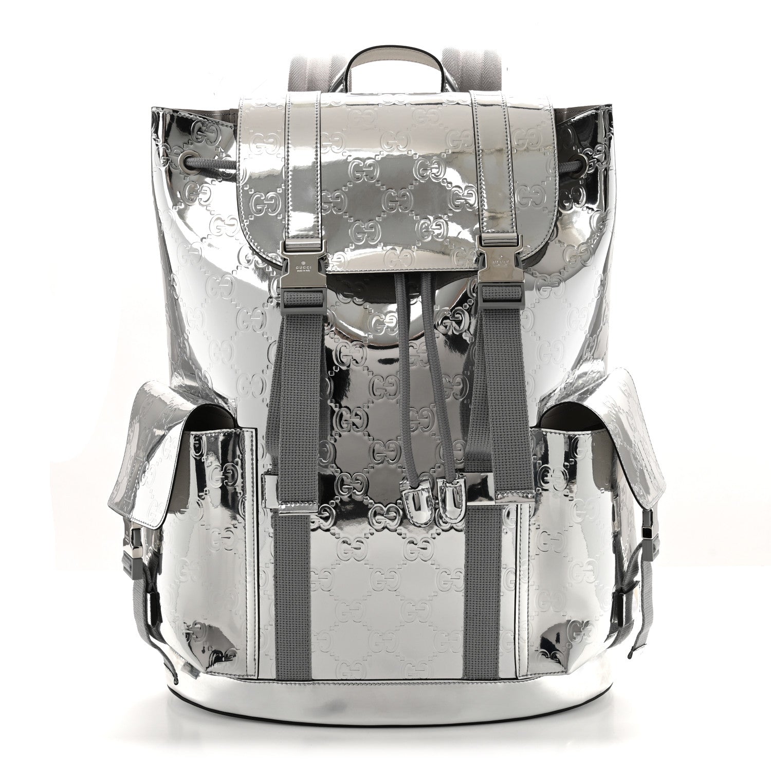 Mirror Effect GG Monogram Appia Calfskin Web Double Buckle Backpack Silver