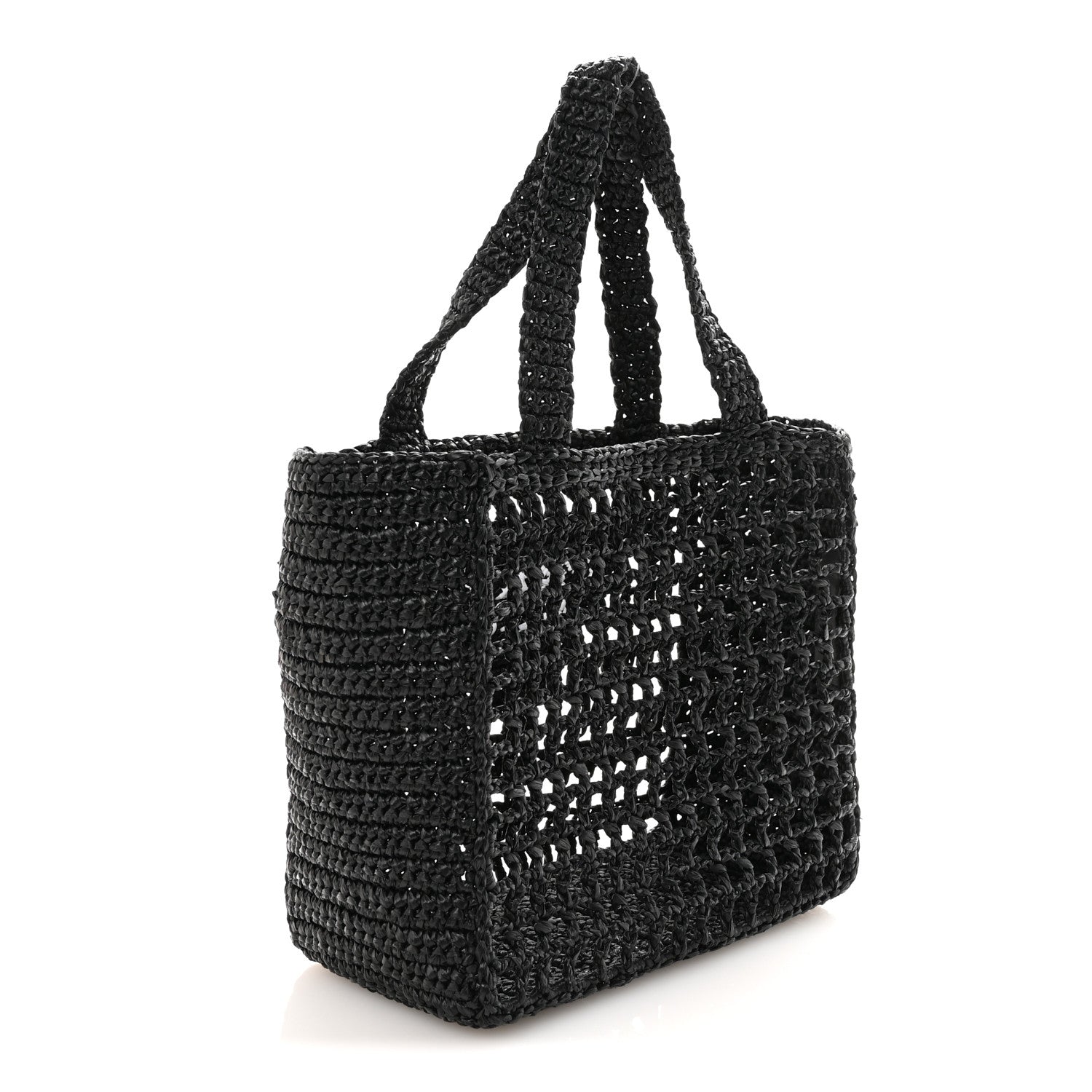 Yarn Raffia Effect Crochet Logo Embroidered Small Tote Bag Black