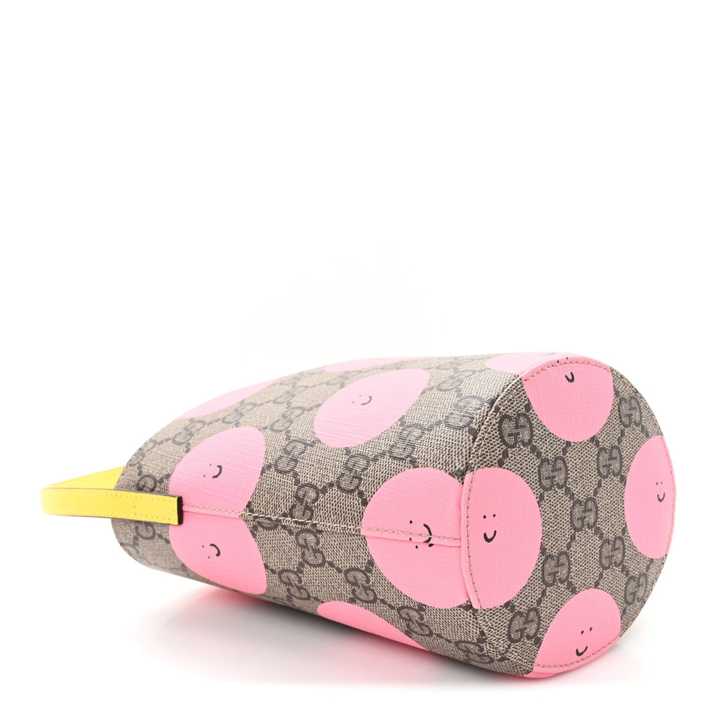 GG Supreme Monogram Childrens Printed Smile Bucket Bag Beige Dark Brown Yellow Pink