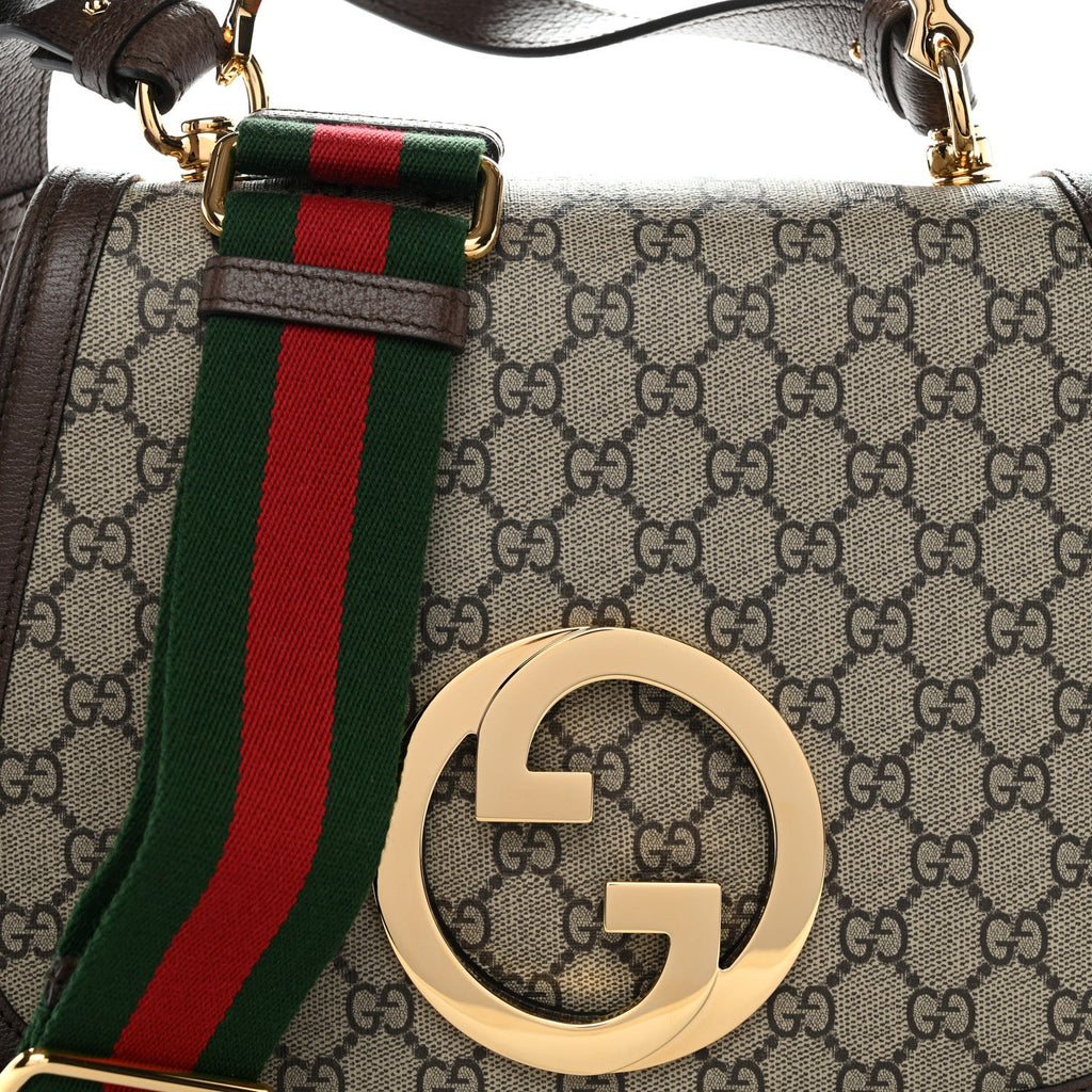 GG Supreme Monogram Textured Dollar Calfskin Web Medium Blondie Top Handle Shoulder Flap Bag Beige Ebony New Acero