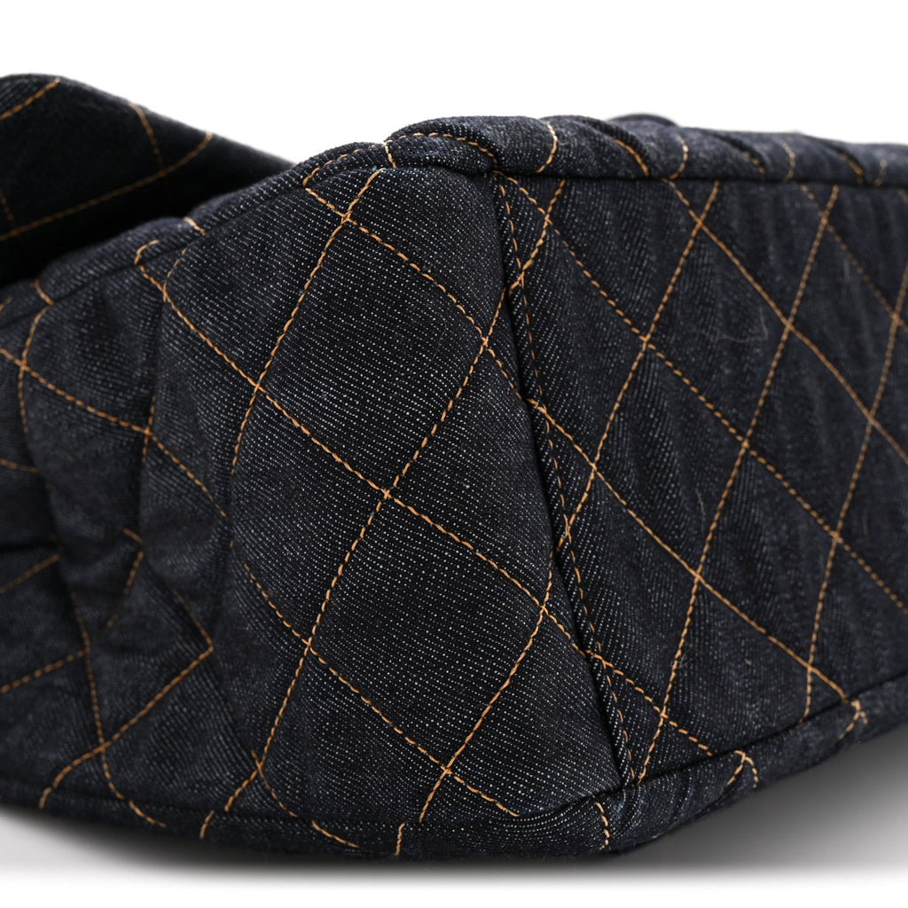 Denim Quilted XXL Travel Flap Bag Dark Blue Orange