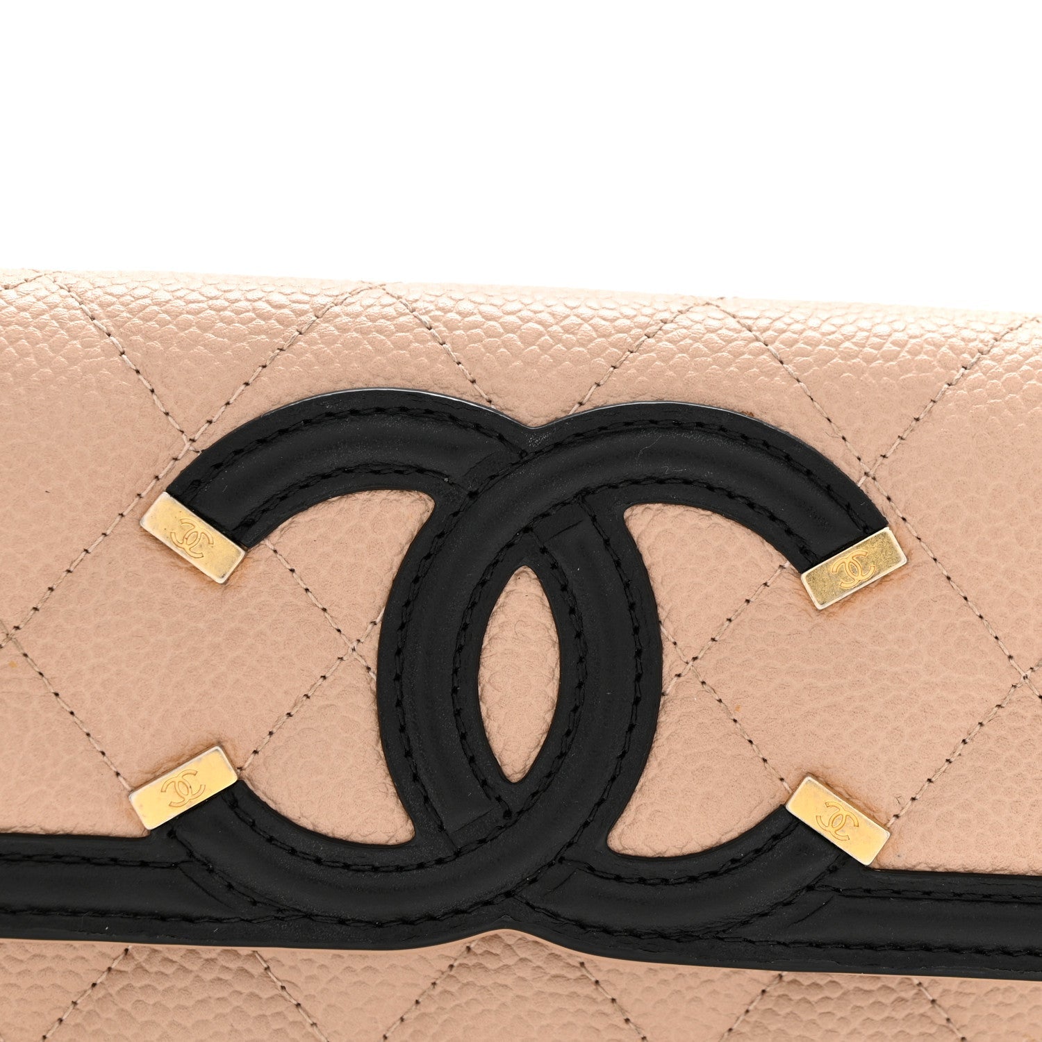 Caviar Quilted Filigree Large Gusset Flap Wallet Beige Black