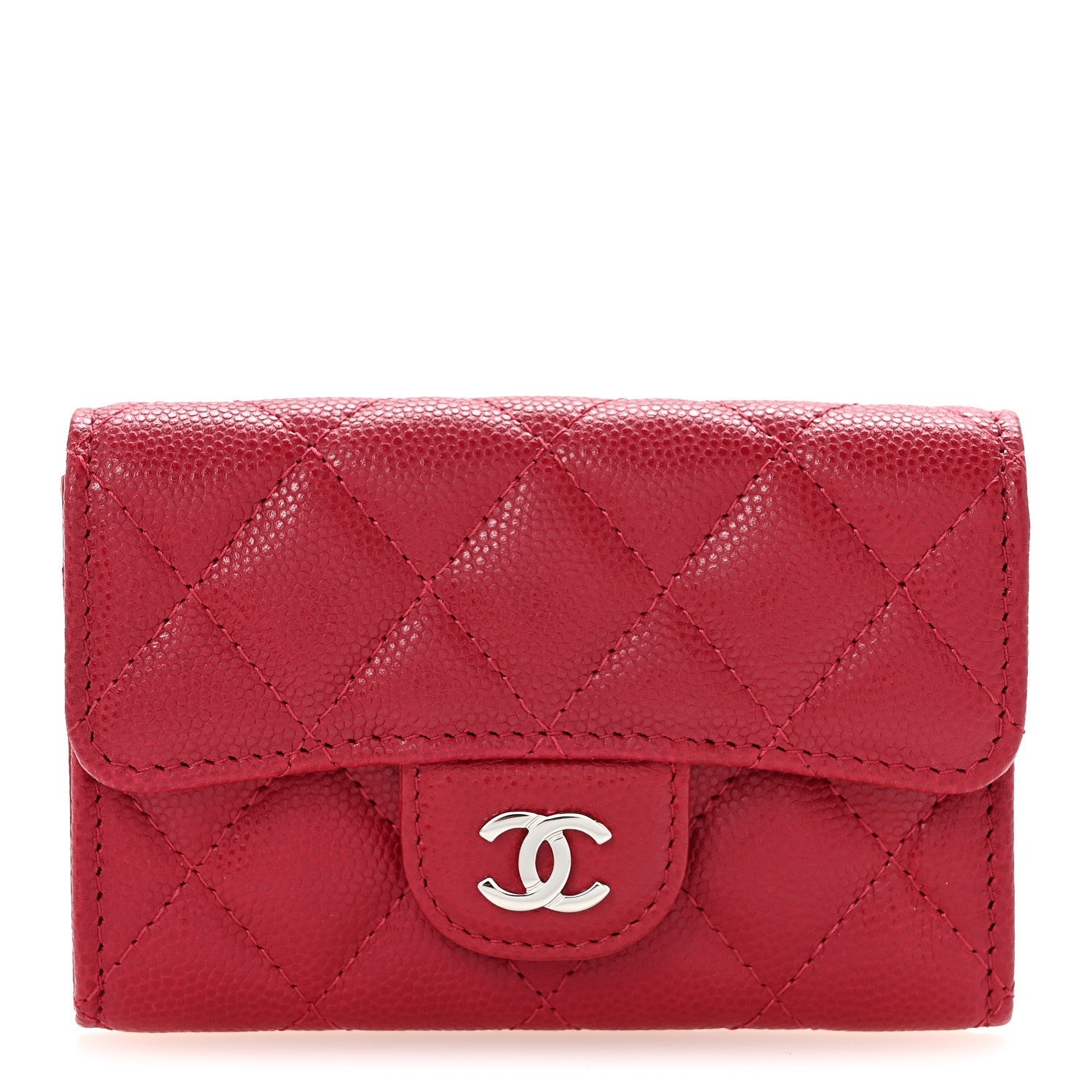 Caviar Quilted Flap Card Holder Wallet Dark Pink
