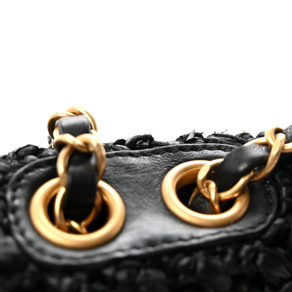 Raffia Crochet Paris Greece Medium Flap Bag Black