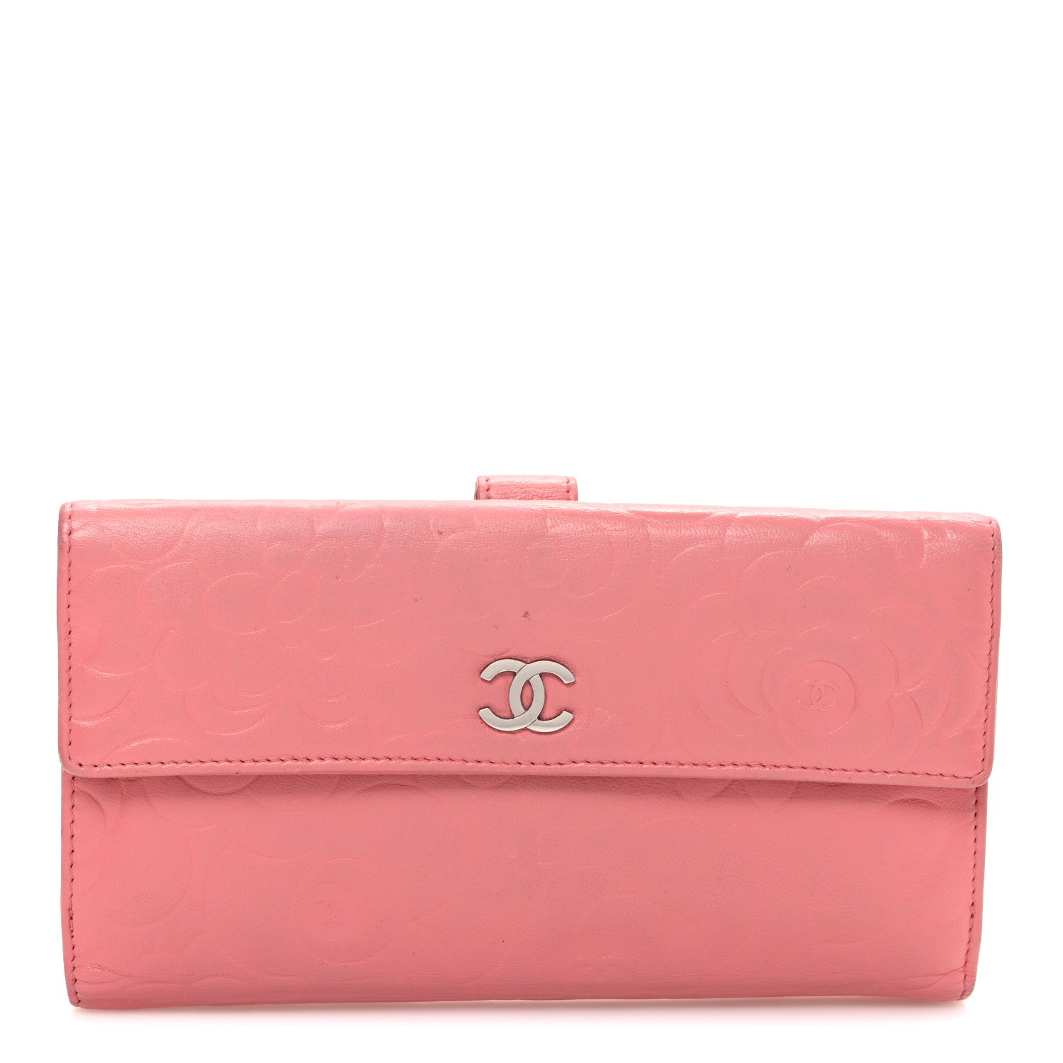 Lambskin Camellia Embossed Large Brilliant Flap Wallet Pink