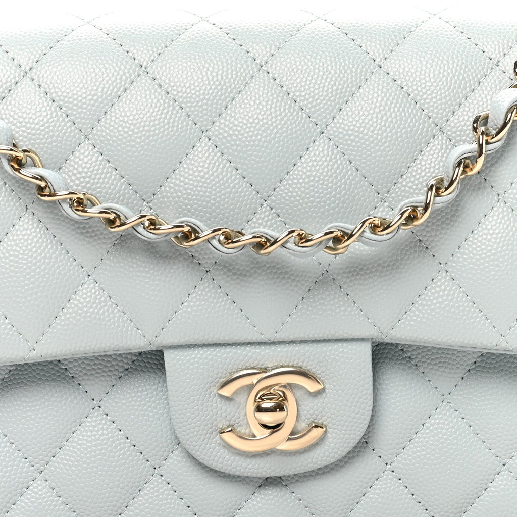 Caviar Quilted Medium Double Flap Light Blue