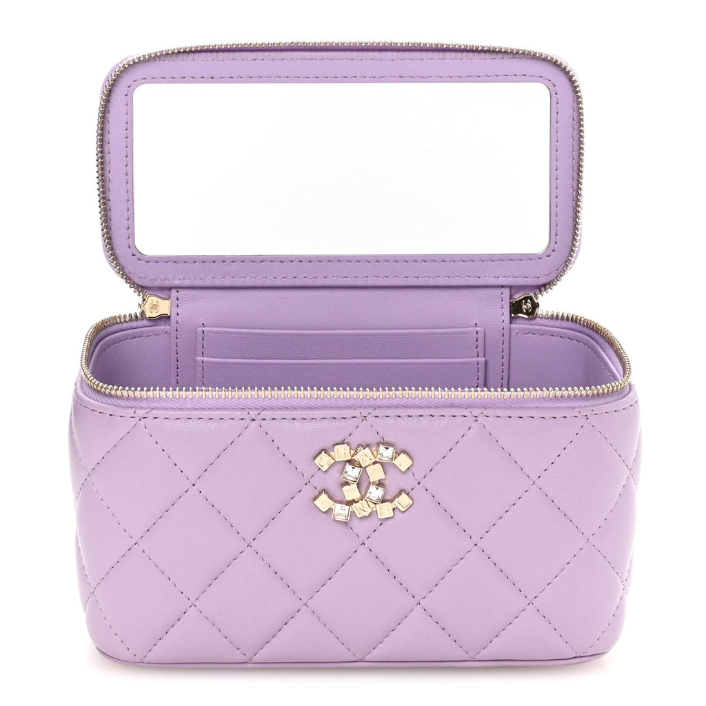 Lambskin Quilted Baguette Crystal Top Handle Vanity Case With Chain Purple
