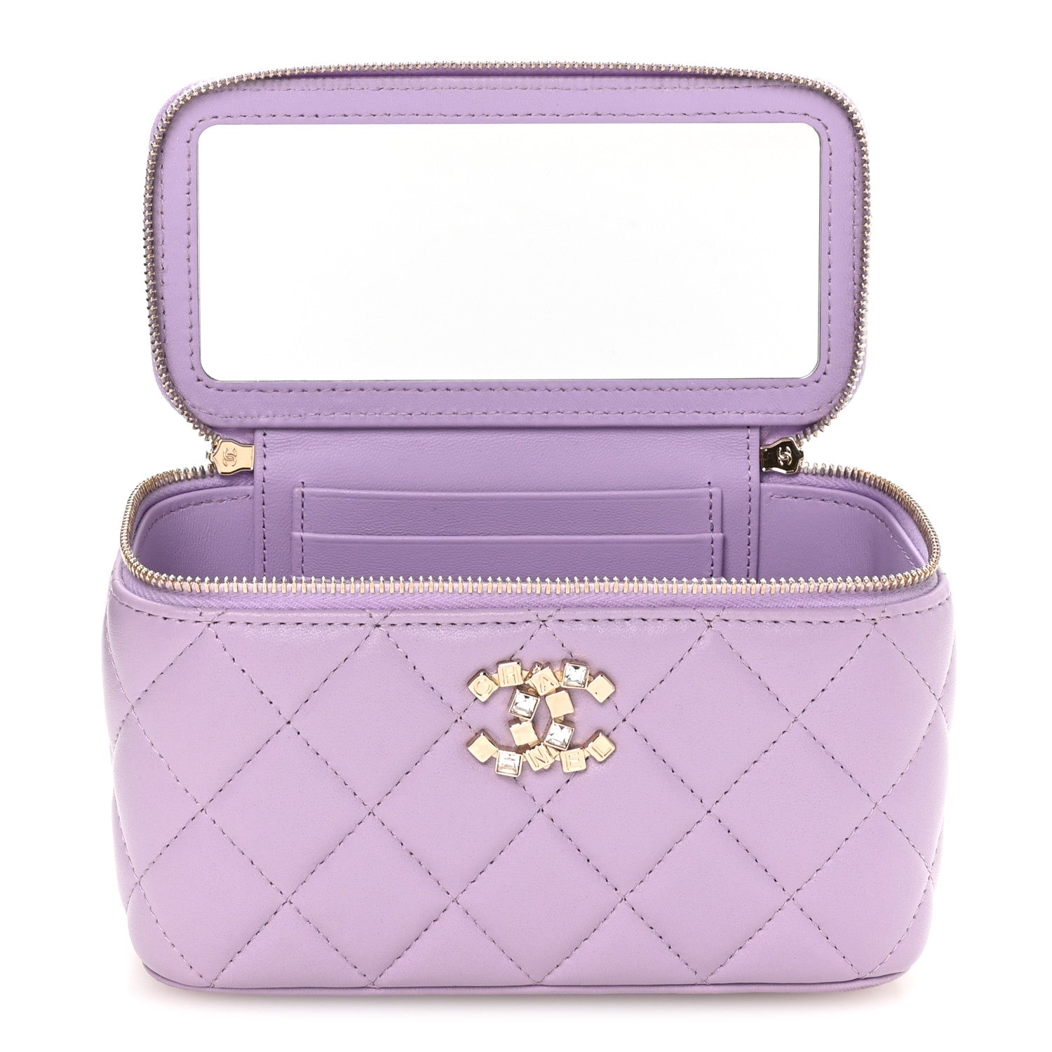 Lambskin Quilted Baguette Crystal Top Handle Vanity Case With Chain Purple