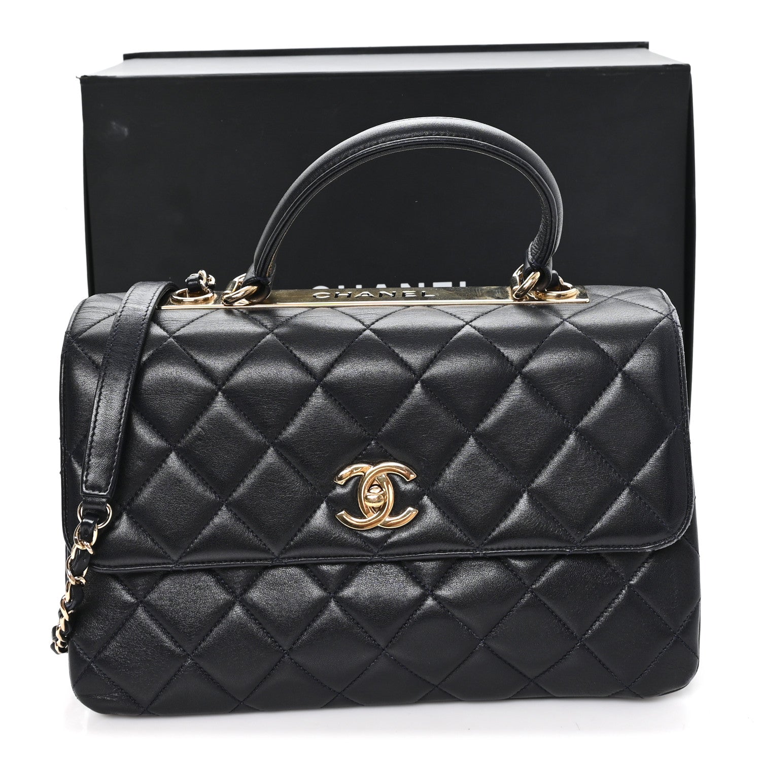 Lambskin Quilted Medium Trendy CC Flap Dual Handle Bag Black