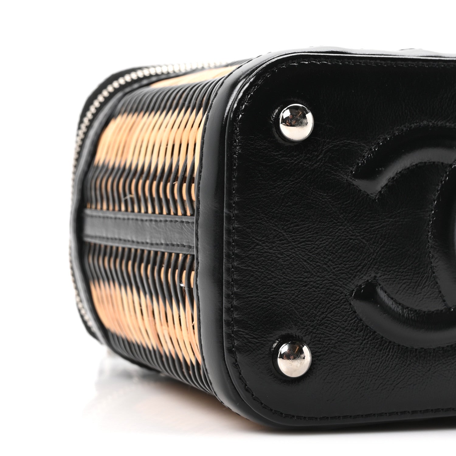 Calfskin Raffia Small Vanity Case Bag Black Beige