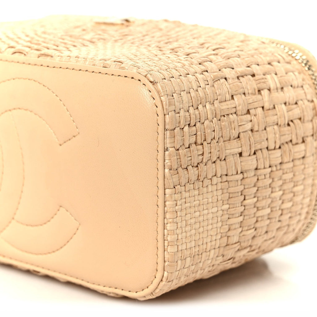 Braided Raffia Top Handle Slim Vanity Case With Chain Beige