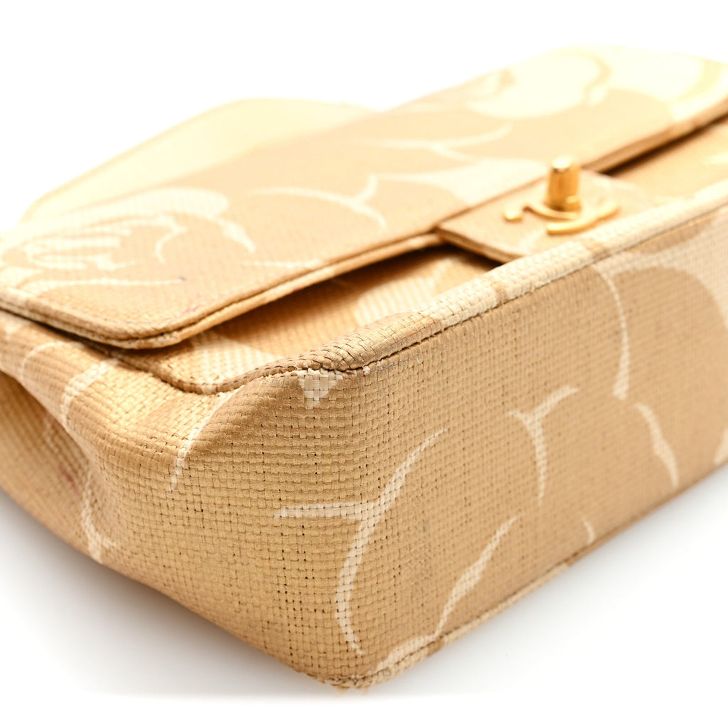 Woven Straw Camellia Print Medium Single Flap Gold