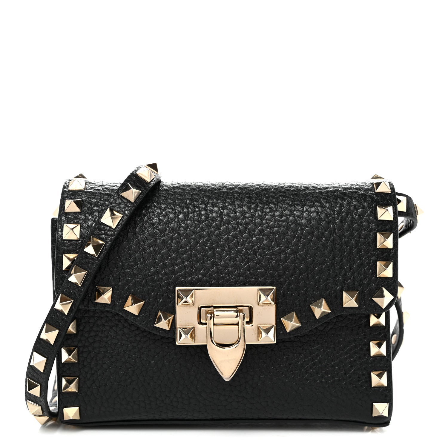 Pebbled Calfskin Rockstud Flip Lock Crossbody Bag Black