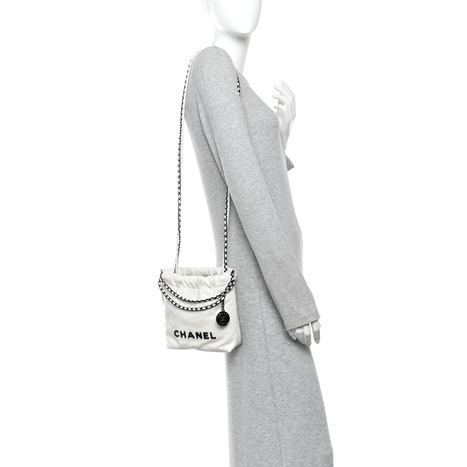 Shiny Calfskin Quilted Mini Chanel 22 White Black