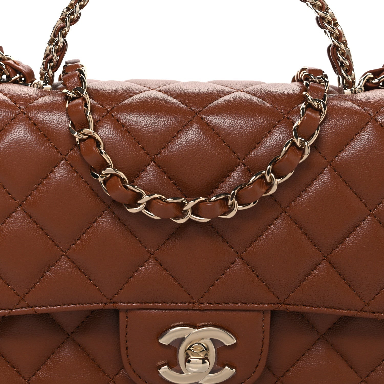 Lambskin Quilted Medium Crystal Top Handle Rectangular Flap Brown