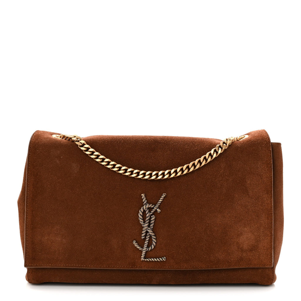 Suede Braided Monogram Large Kate Satchel Brown