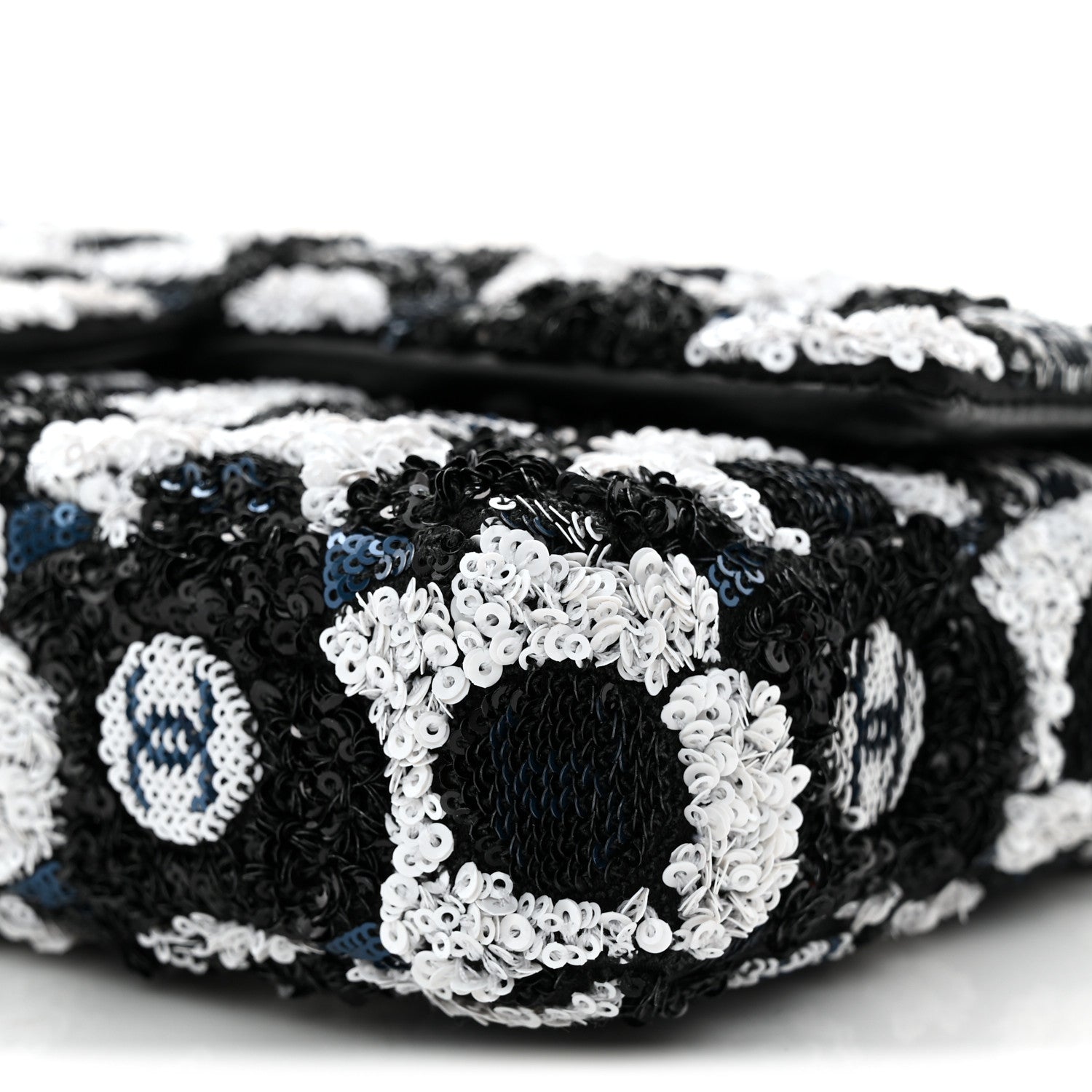 Satin Sequin Embellished Flower East West Flap Black White Blue