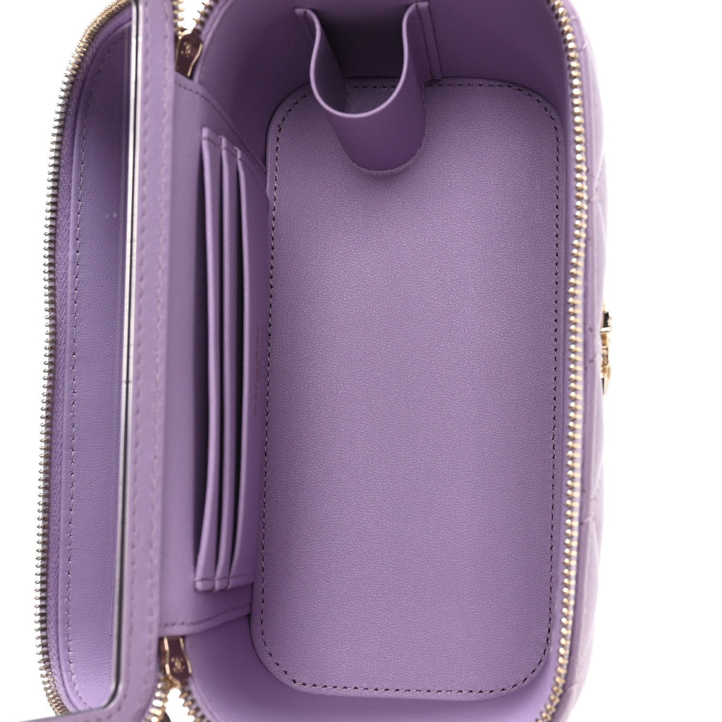 Lambskin Quilted Baguette Crystal Top Handle Vanity Case With Chain Purple