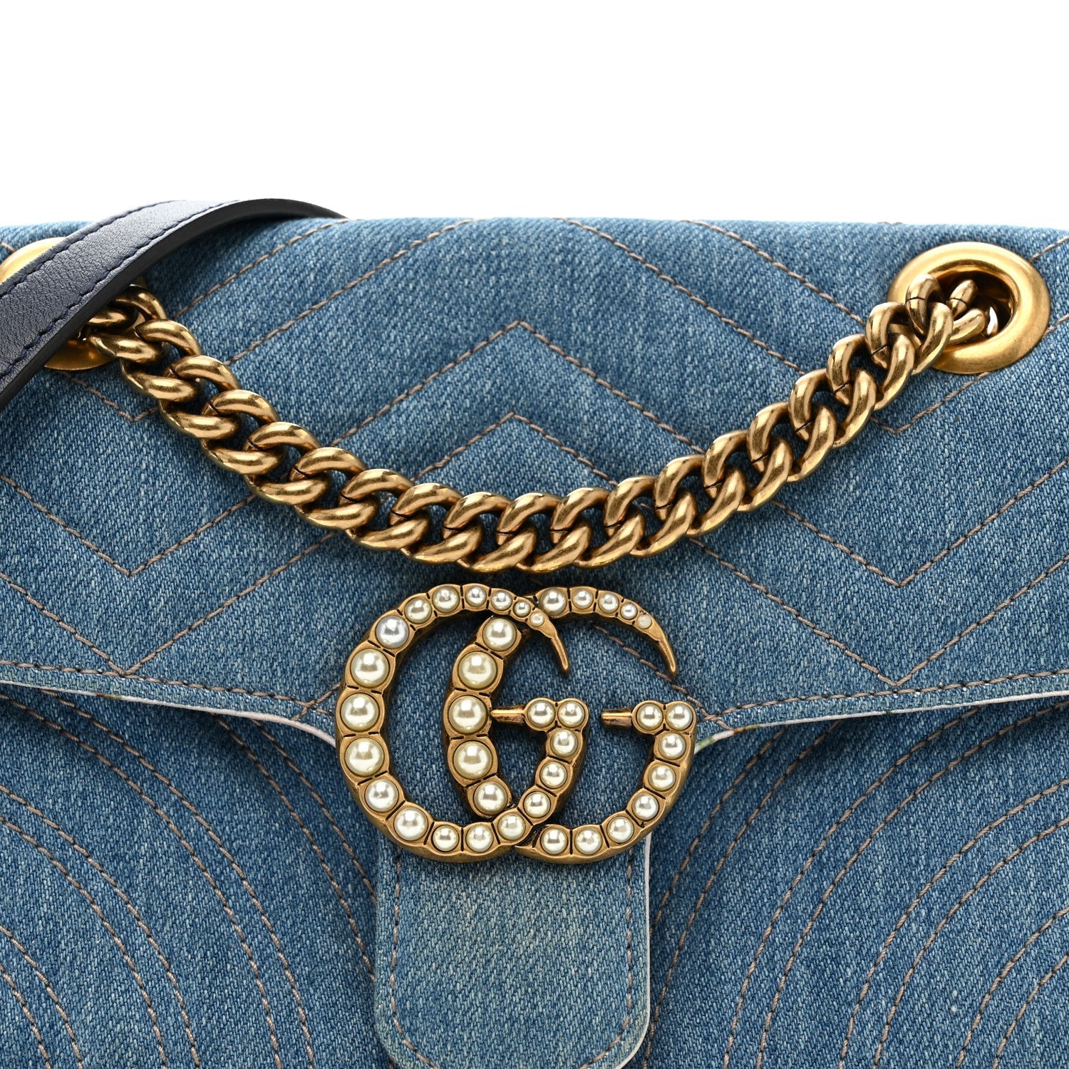 Denim Matelasse Mini Pearly GG Marmont Shoulder Bag Blue