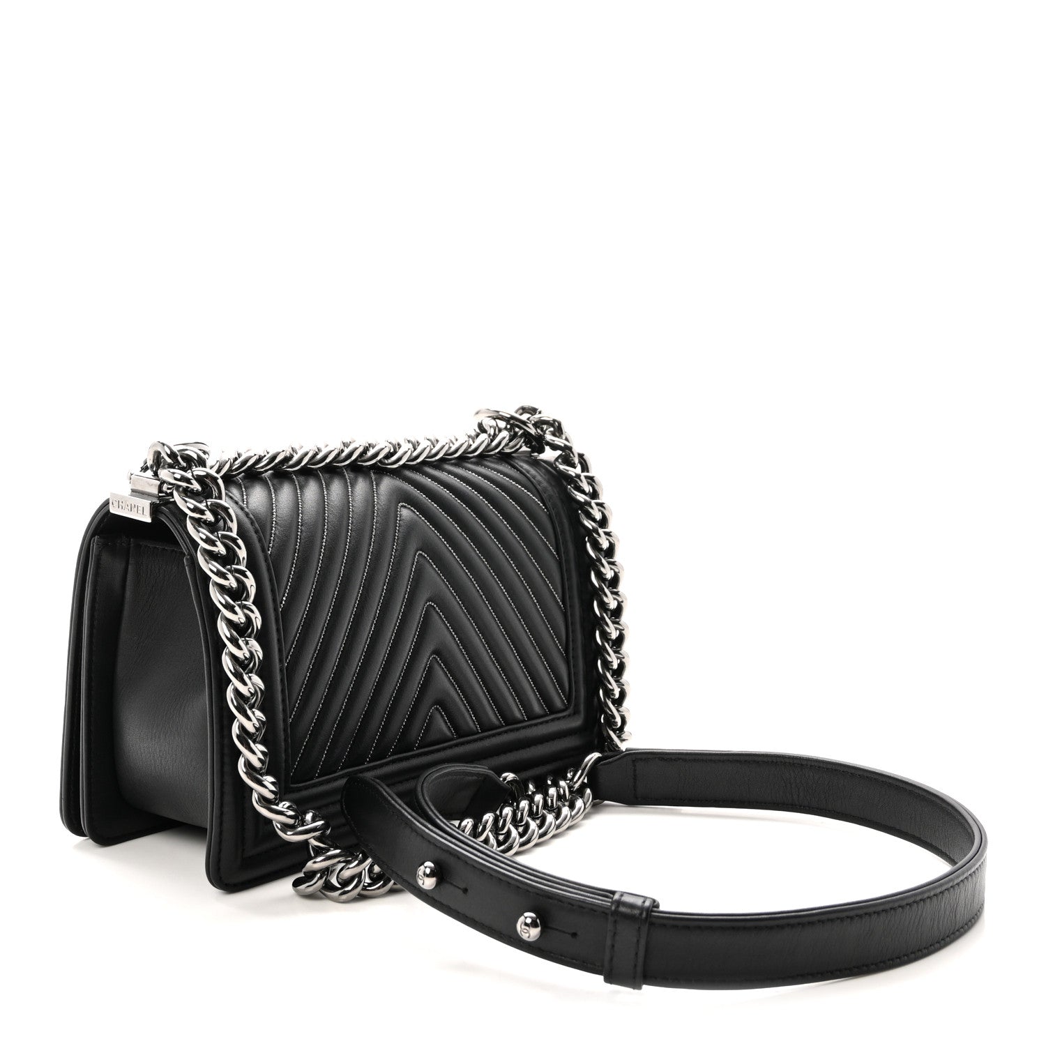 Calfskin Chain Chevron Small Boy Flap Black